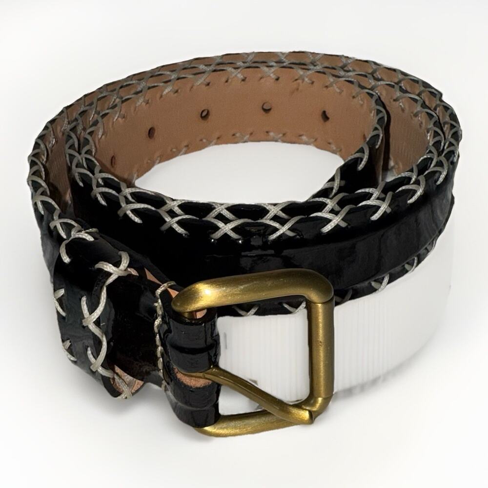 Berthille Cross Stitch Black Patent Leather Belt Luxury Hand Made In France 90